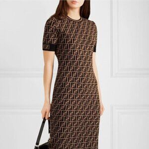 Fendi Brown Zucca Knit Round Neck MIdi Dress